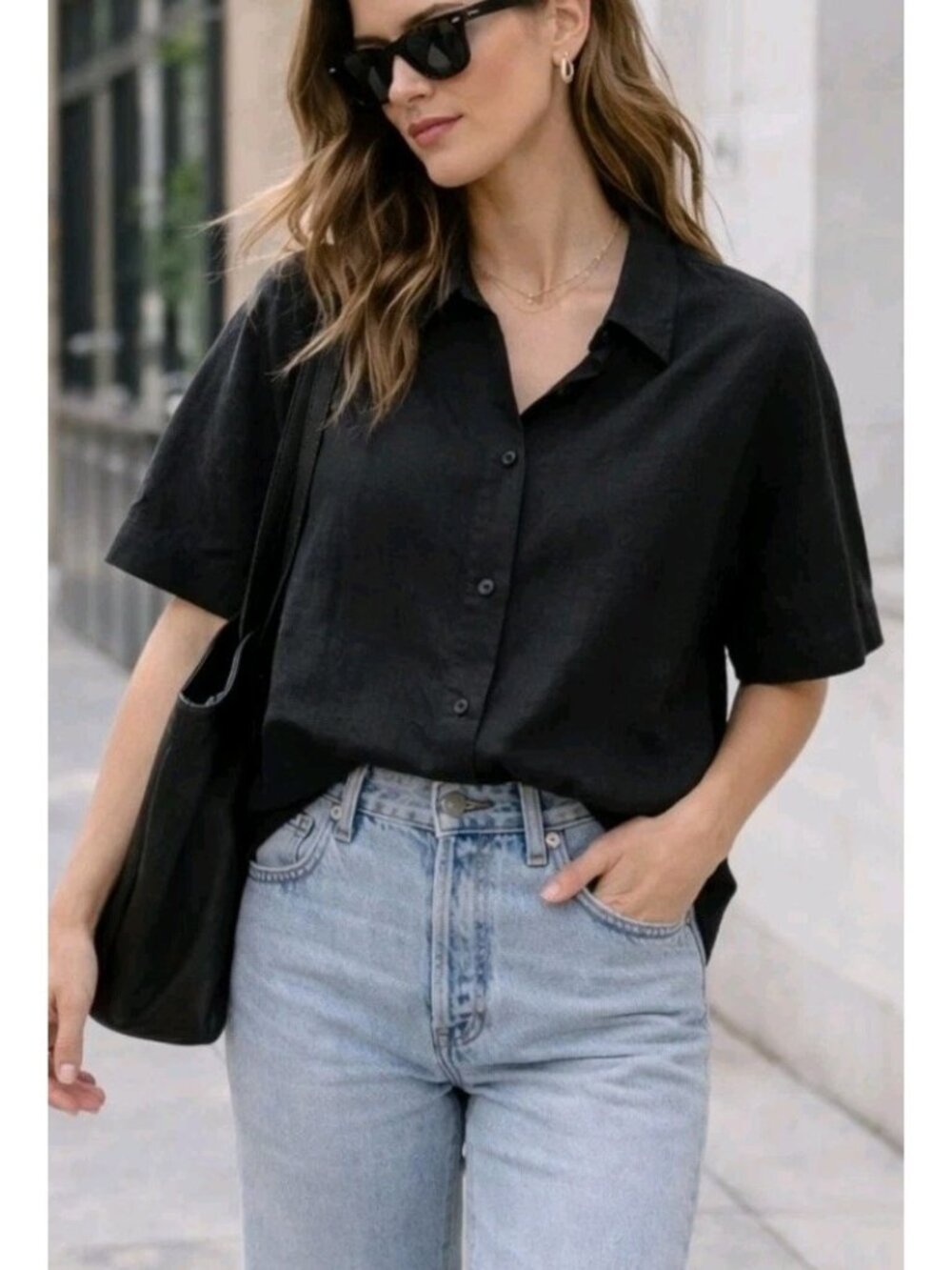 COS Black Linen Button Front Top Boxy Minimalist Short Sleeve 10 Quiet Luxury